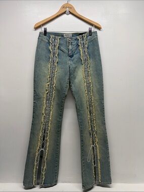 Paco Jeans Cotton Lace Up Low Rise Fringe Flare Denim Pants Stretch VTG Blue 9